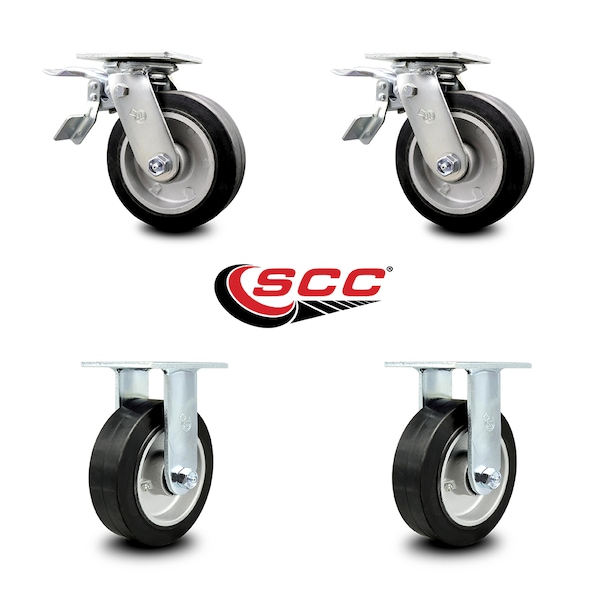 6 Inch Rubber on Aluminum Caster Set with Ball Bearings 2 Brakes 2 Rigid SCC